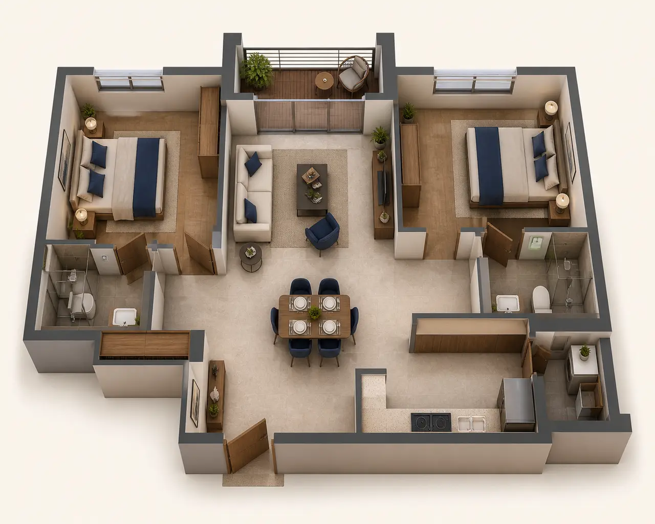 Conceptual two-bedroom apartment arranged around living, dining and kitchen spaces