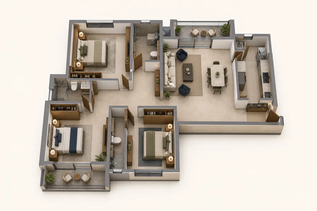 Conceptual three-bedroom apartment with living-dining space, kitchen and balconies