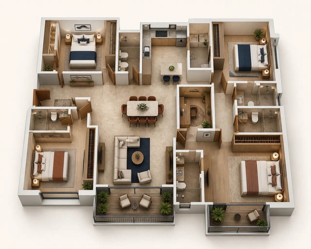 Conceptual four-bedroom apartment with an additional flexible room and shared living spaces