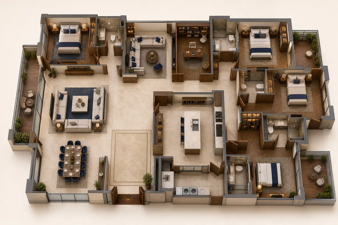 Conceptual four-bedroom apartment with a separate study and generous living spaces
