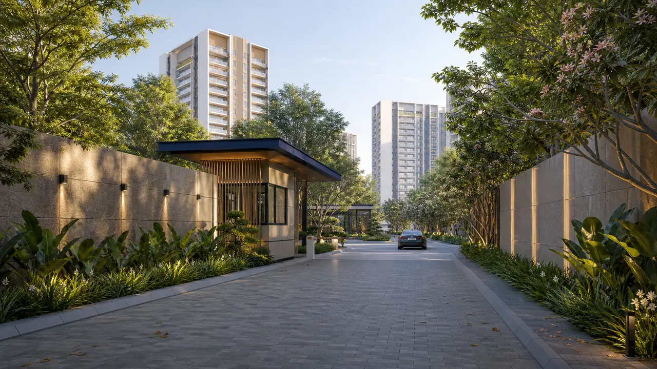 Contemporary residential arrival court framed by stone walls and tropical planting
