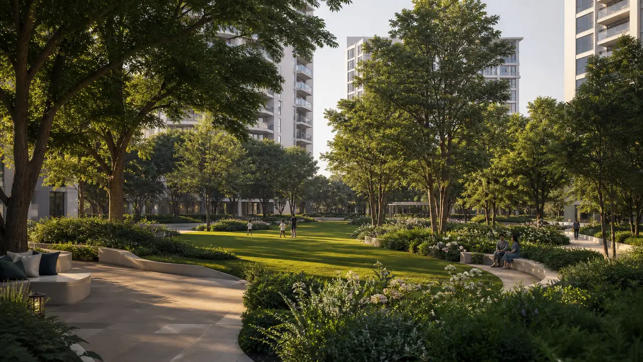 Broad landscaped pedestrian court between contemporary apartment buildings