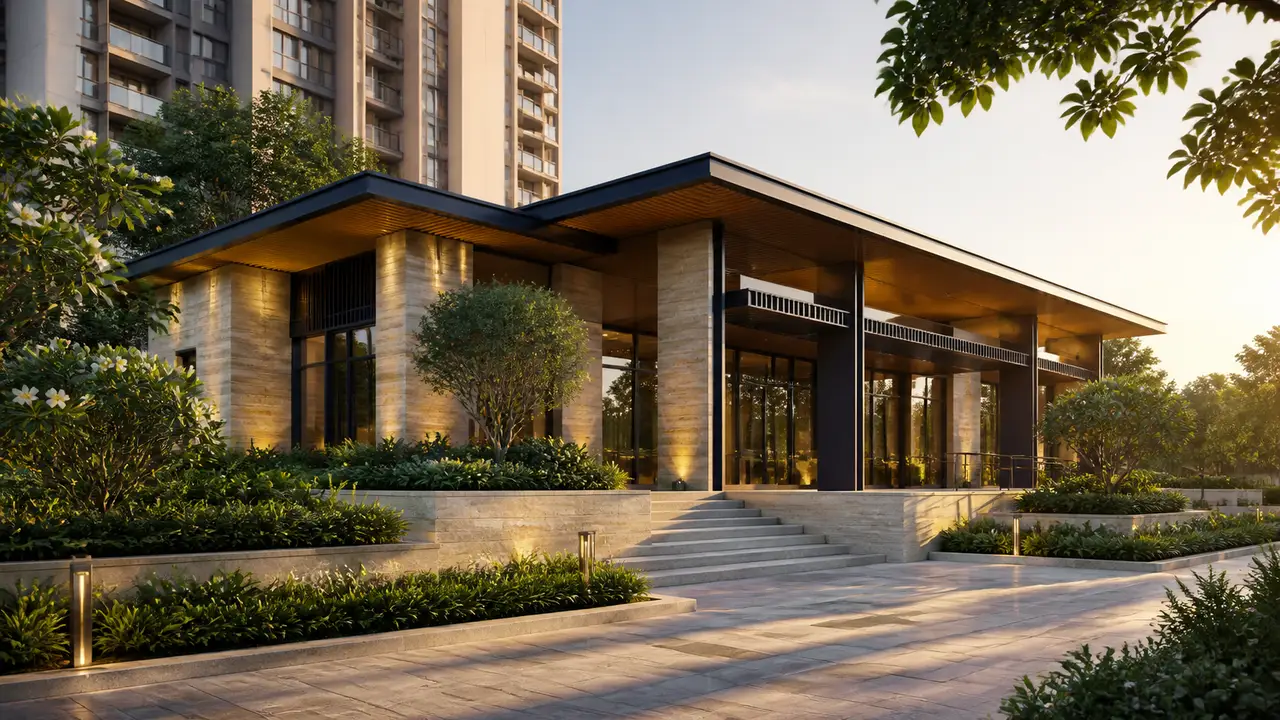 Modern low-rise clubhouse pavilion opening to a planted court