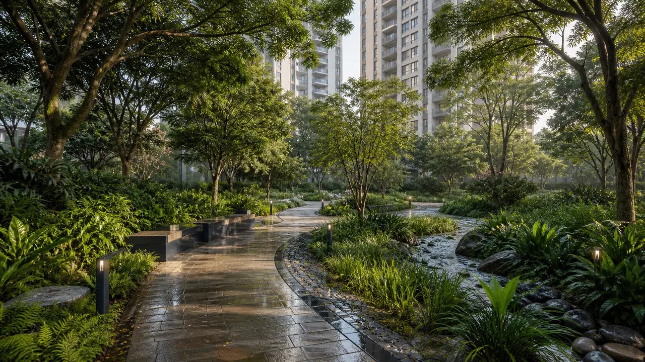 Planted rain garden with a curving walk and residential buildings beyond