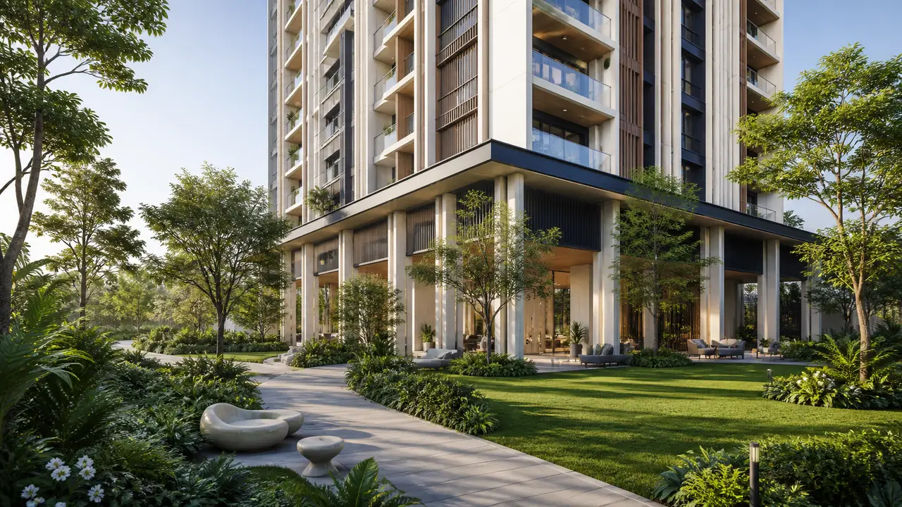 Residential tower base with shaded seating and dense garden planting