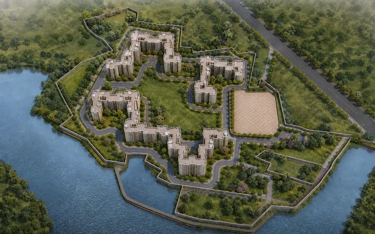 Three-dimensional interpretation of the Raj Azaleas plan with six connected residential tower groups, roads, open space and a civic parcel
