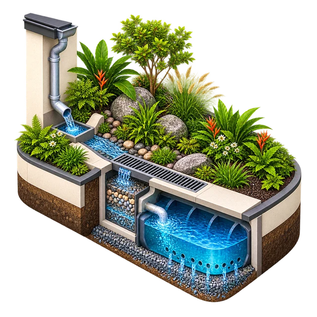 Rainwater harvesting amenity illustration